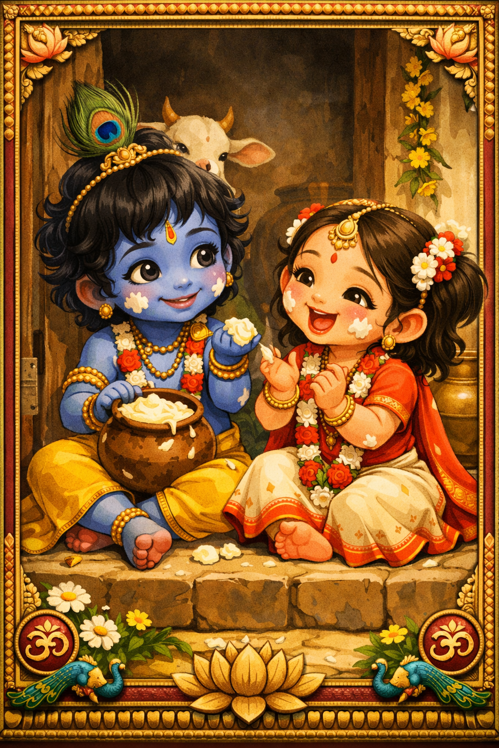 Little Radha and Krishna with butter pot mischievous expressions in Vrindavan home doorstep